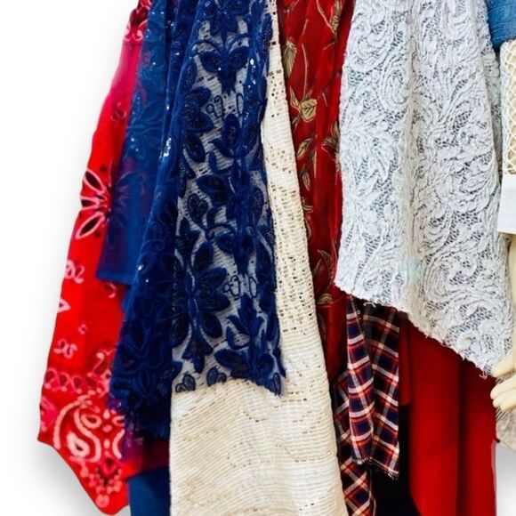 Boho Long Tiered Asymmetrical Hemline Long Colorful Lace Jean Jacket -NEW - Picture 3 of 4